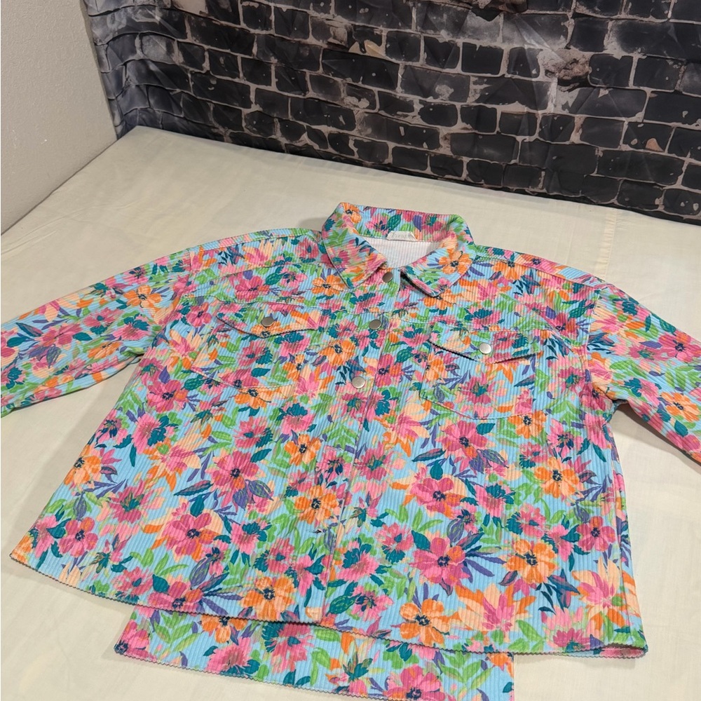 Emely Wonder Women’s 1X Floral Corduroy Jacket Button Front Colorful